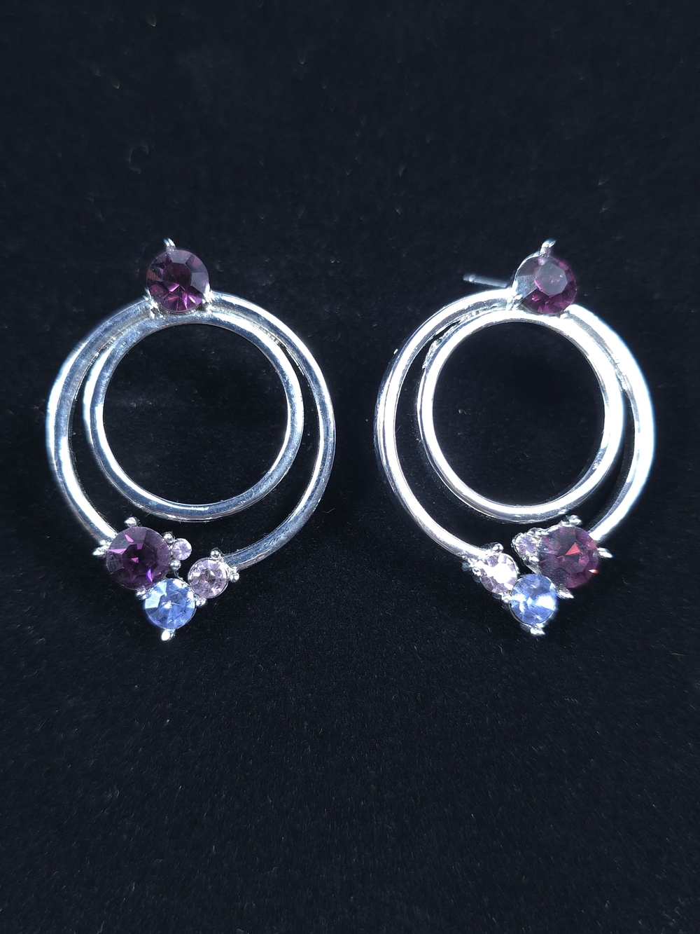 Vintage Silver Tone Double Hoop Rhinestone Earrings Purple Pink Y2K